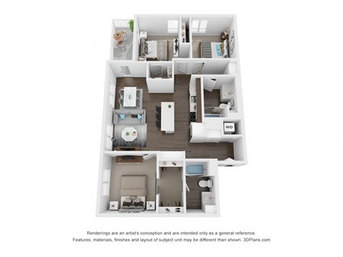 Floor plan for 3 beds, 2 baths, 1228 sqft